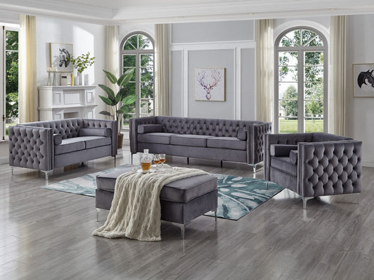 3 PC Sofa Set, Grey Velvet With Deep Tufting and Nailhead Details, Chrome Legs and Accent Pillows. (Ottoman Extra)