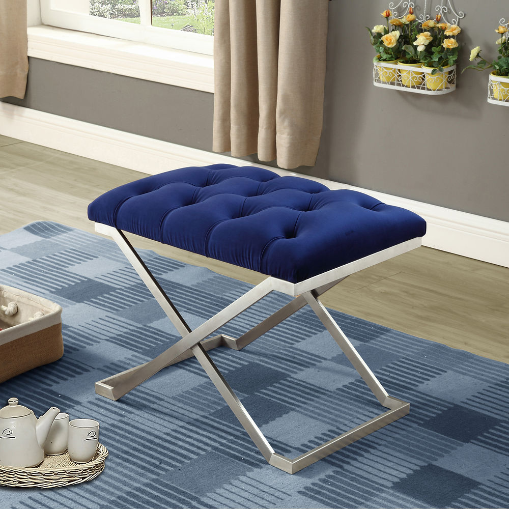 Blue Velvet Fabric Ottoman with Stainless Steel Legs