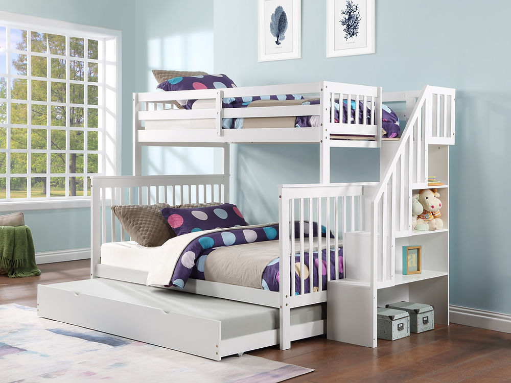 Twin/Full Bunk Bed, Stairs, Storage Book Shelf, with Optional (Set of 2 Storage Drawers) or (Single Size Pull-Out Trundle) in White