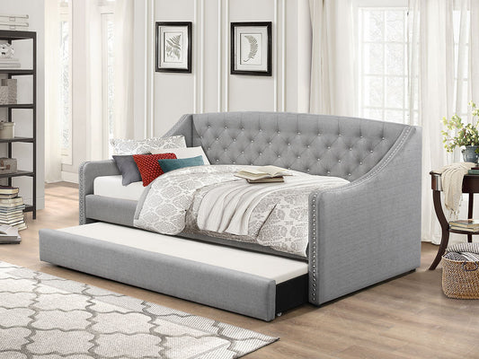 Grey Fabric Day Bed with Nailhead Accents and a Single Size Pull Out Trundle