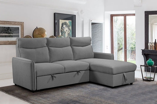 Reversible Left or Right Hand Chaise, Large Lift-Up Storage Compartment, Opens to a Bed, 
Soft Grey Fabric