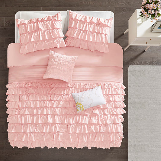 Ruffled Flow 5-Piece Comforter Set, Blush Pink FULL/QUEEN
