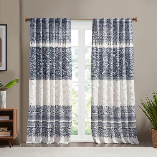 Tufted Boho Window Curtain, Navy Blue (1 PANEL)
