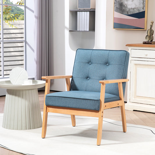 Modern Armchair Fabric, Accent Chair with Tufted Back, Wood Legs and Thick Padding for Living Room, Bedroom, Blue