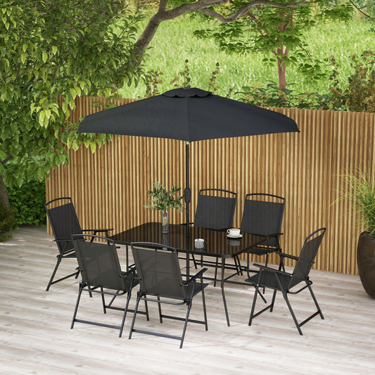 8 Piece Patio Set with Umbrella, 6 Folding Chairs, Rectangle Table, Set for 6 with Mesh Seat, Black
