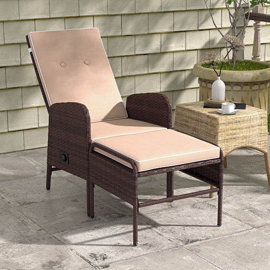 2 Pieces Patio Reclining Chair Set with Stool, Cushions, Outdoor Wicker Conversation Armchair Set, Brown
