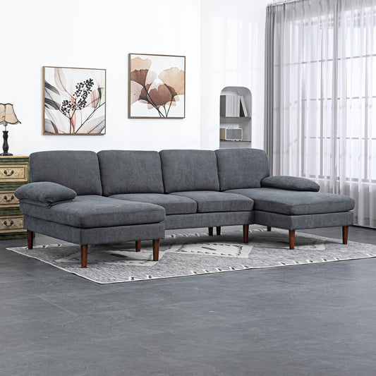 U Shape Couch with Double Chaise Lounge, Modern 4 Seater Sofa with Wooden Legs, Fabric Sofa for Living Room, Dark Grey