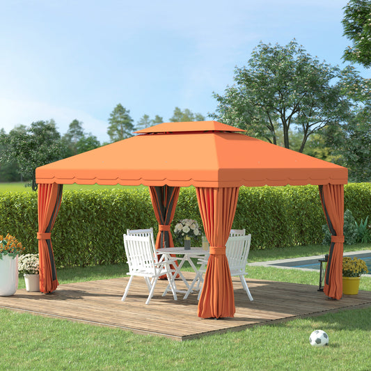 10 x 13ft Aluminum Frame Gazebo Canopy Double Tier Garden Shelter with Netting and Curtains, Orange