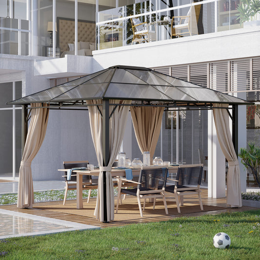10' x 12' Outdoor Hardtop Gazebo with Polycarbonate Panel Roof, Garden Deluxe Pavilion Canopy BBQ Sunshade Shelter with Removable Curtains