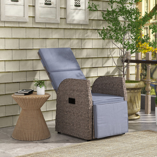 Outdoor Recliner Chair with Adjustable Backrest & Footrest, Cushion, Side Tray, Grey