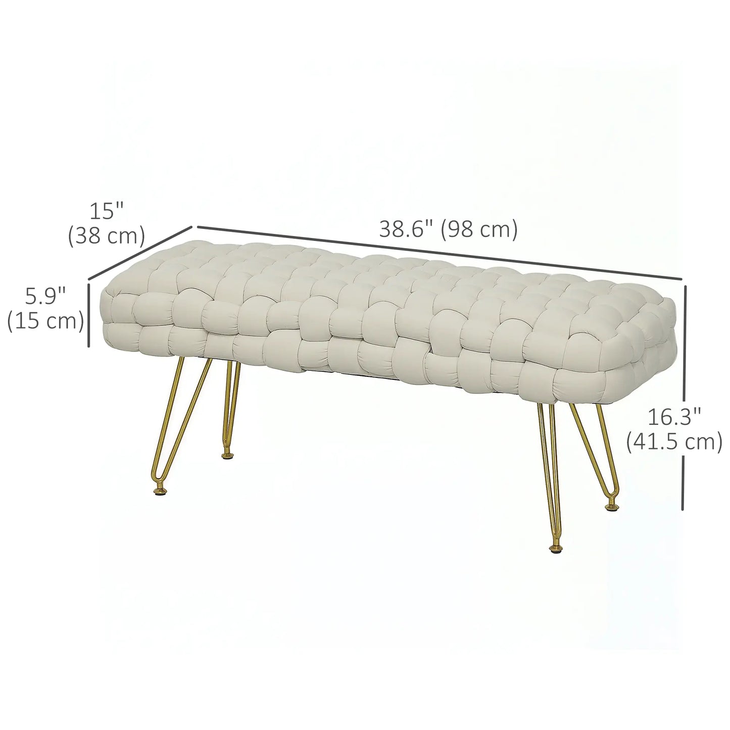 39" Woven Bench with Gold Metal Legs for Entryway, living room or bedroom, Cream White