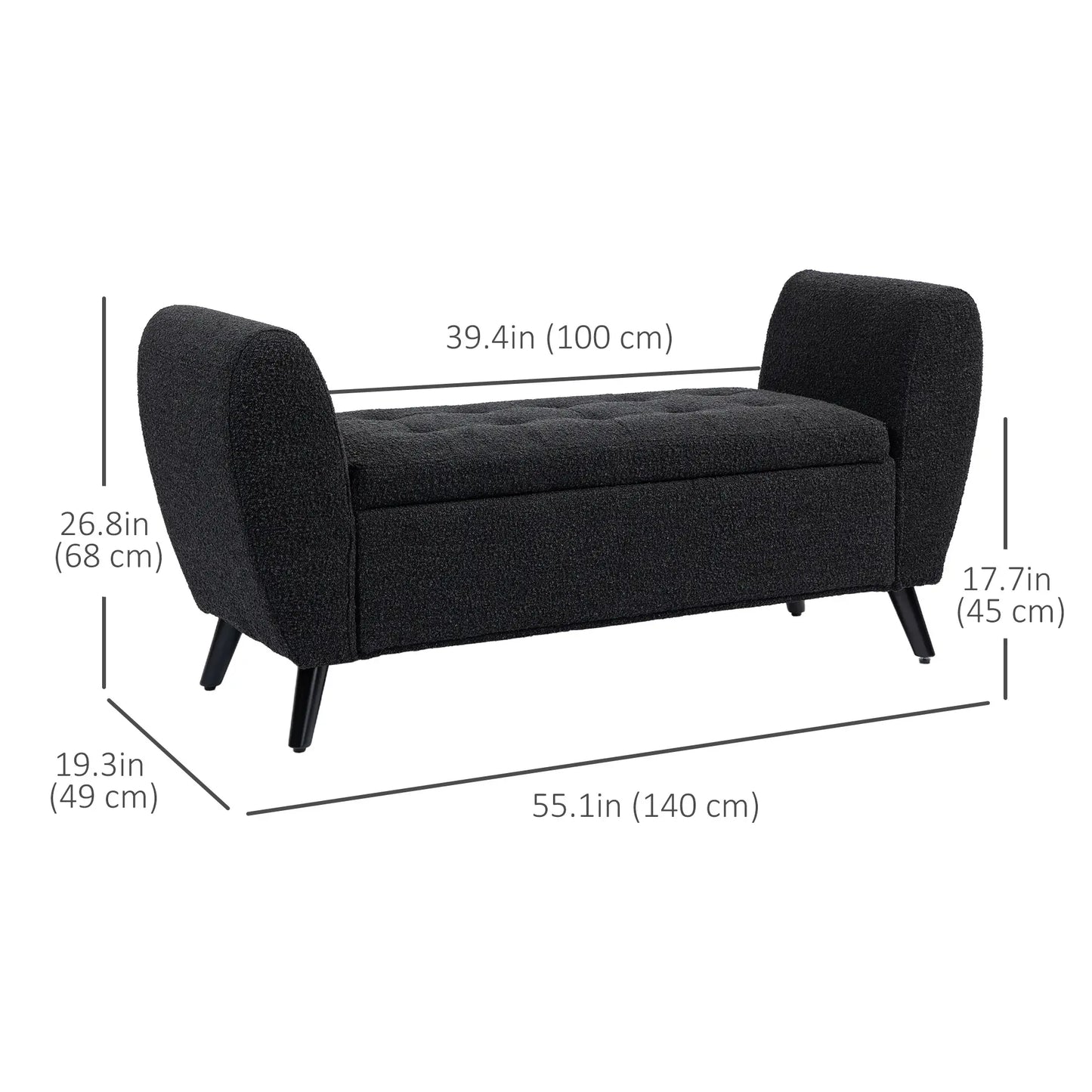 Upholstered Storage Bench with Arms, Modern Ottoman Bench for Bedroom, Entryway, and Living Room, Black
