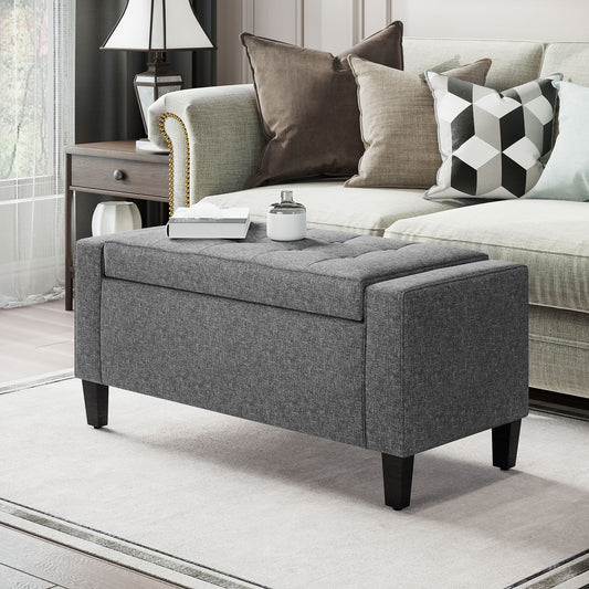Storage Ottoman Bench, Linen Upholstered Bench with Tufted Design