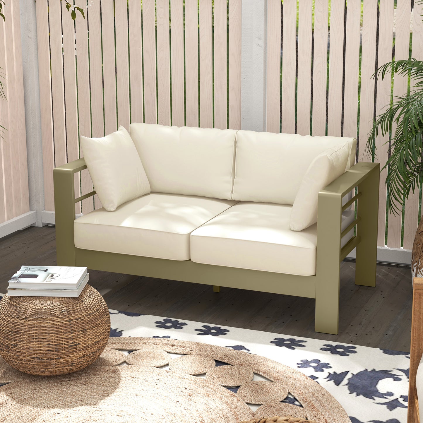 Outsunny Patio Loveseat, Outdoor Seating for 2, Garden Sofa with Cushions, Wide Armrests, 54.3"x27.6"x24.6", Cream White