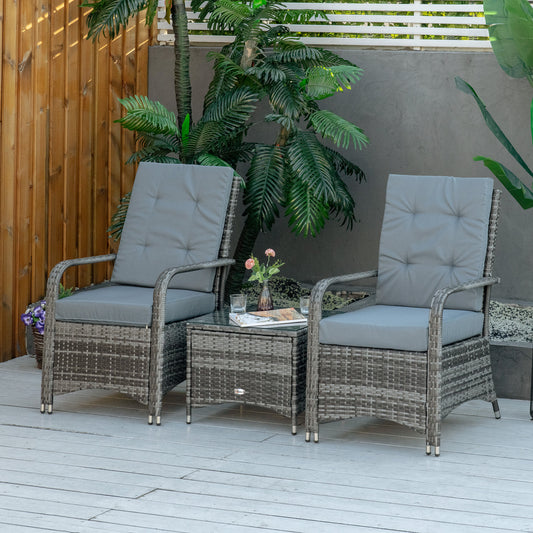 Outsunny 3 Piece Outdoor PE Rattan Patio Furniture Set Bistro Set w/ Cushions, Tempered Glass Tabletop for Balcony, Pool, Grey