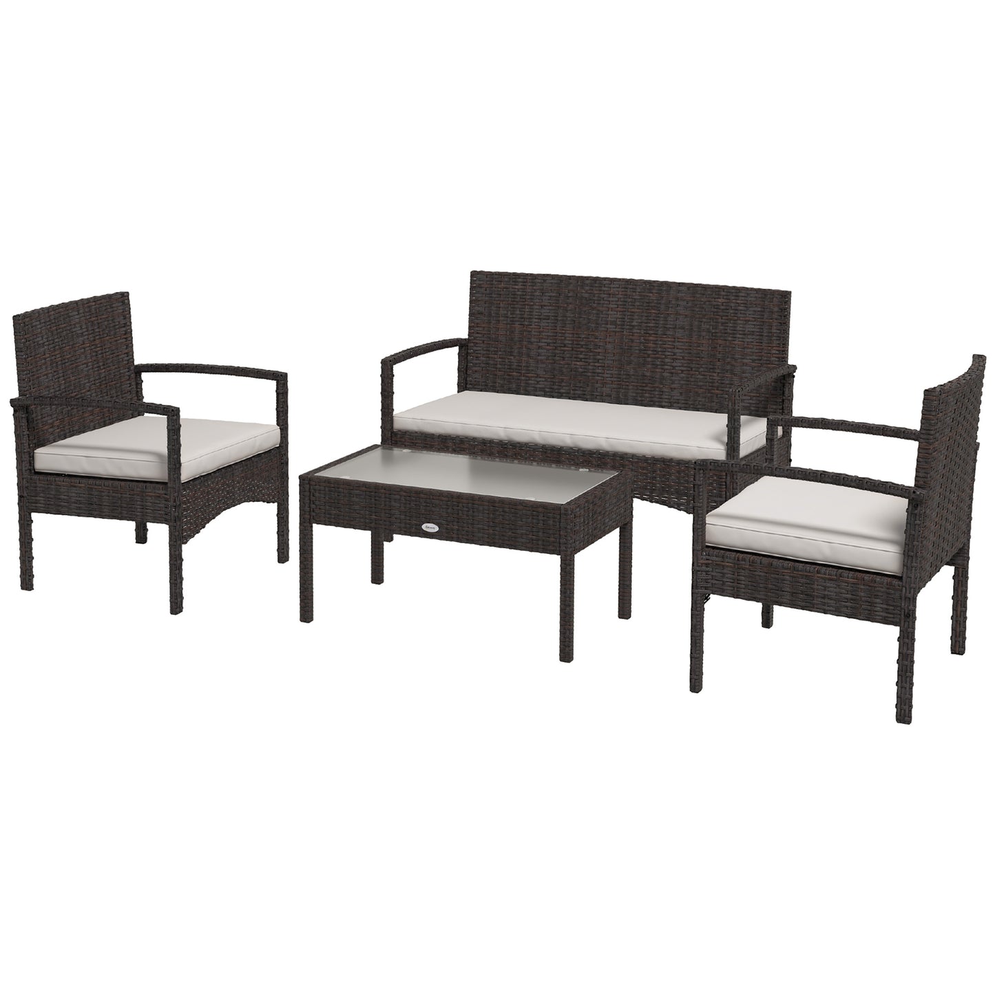 Outsunny 4 Pieces Patio Furniture Set with Loveseat Sofa, Armchairs, Glass Table, Outdoor Wicker Conversation Sofa Set, White