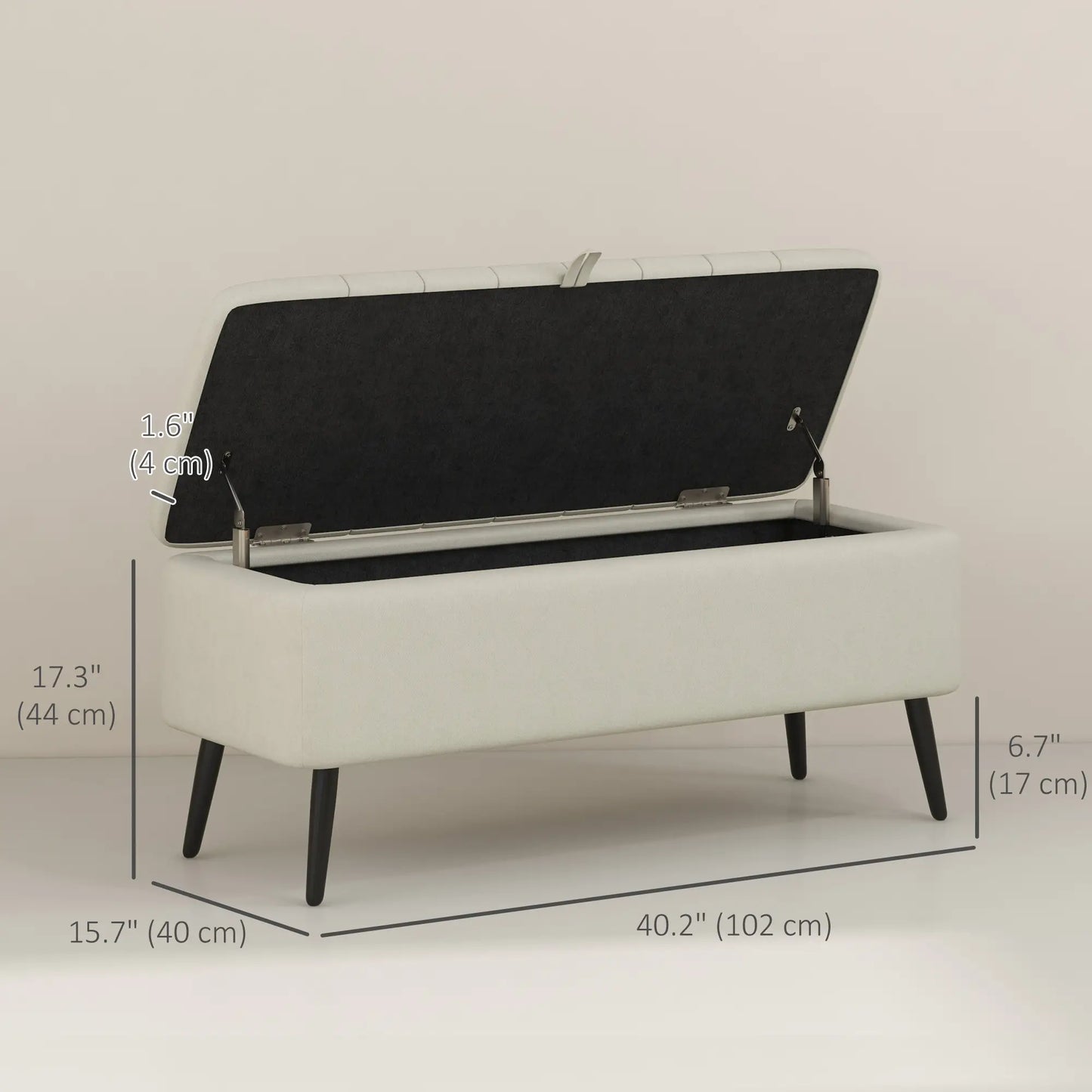 40" Ottoman with Storage, Linen Upholstered Storage Ottoman Bench with Steel Legs for Living Room, Bedroom Cream White