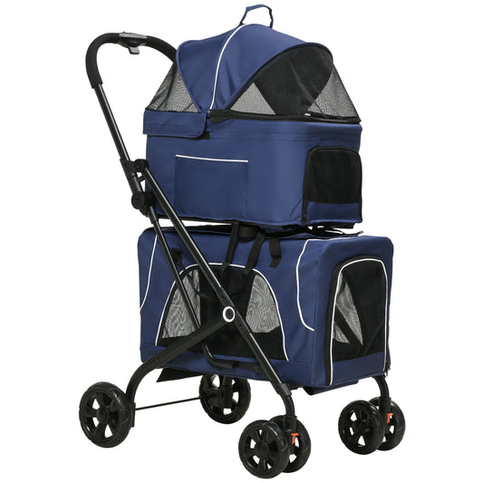 3-in-1 Double Pet Stroller for Small Miniature Dogs Cats with Removable Carrier, Foldable Travel Carrier Bag, Car Seat, Blue