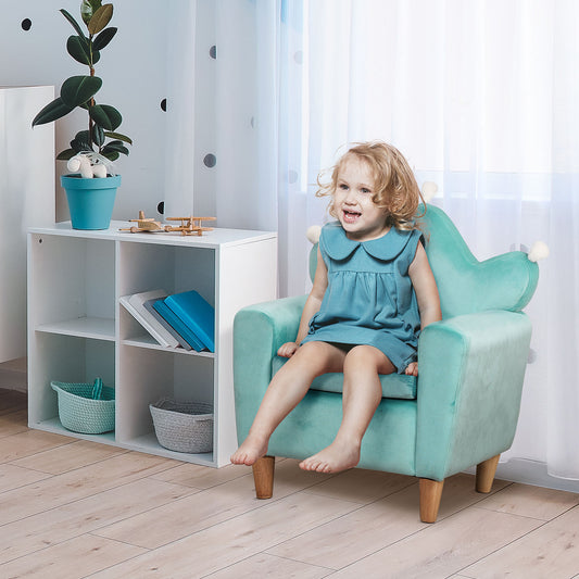Qaba Kids Sofa, Armrest Chair for Preschool, Toddler Couch for Kids Room, Kindergarten, Dutch Velvet, Eucalyptus Wood, Light Blue