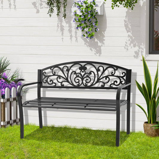 Outsunny Steel Garden Bench for Outdoor, 2-person Patio Bench, Floral Rose Accent, Loveseat Furniture for Lawn, Deck, Yard, Porch and Entryway, Black