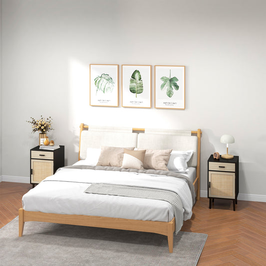 Boho Bedside Tables Set of 2, Nightstands with Drawer, Rattan Cabinet, Adjustable Shelf for Bedroom, Living Room, Black