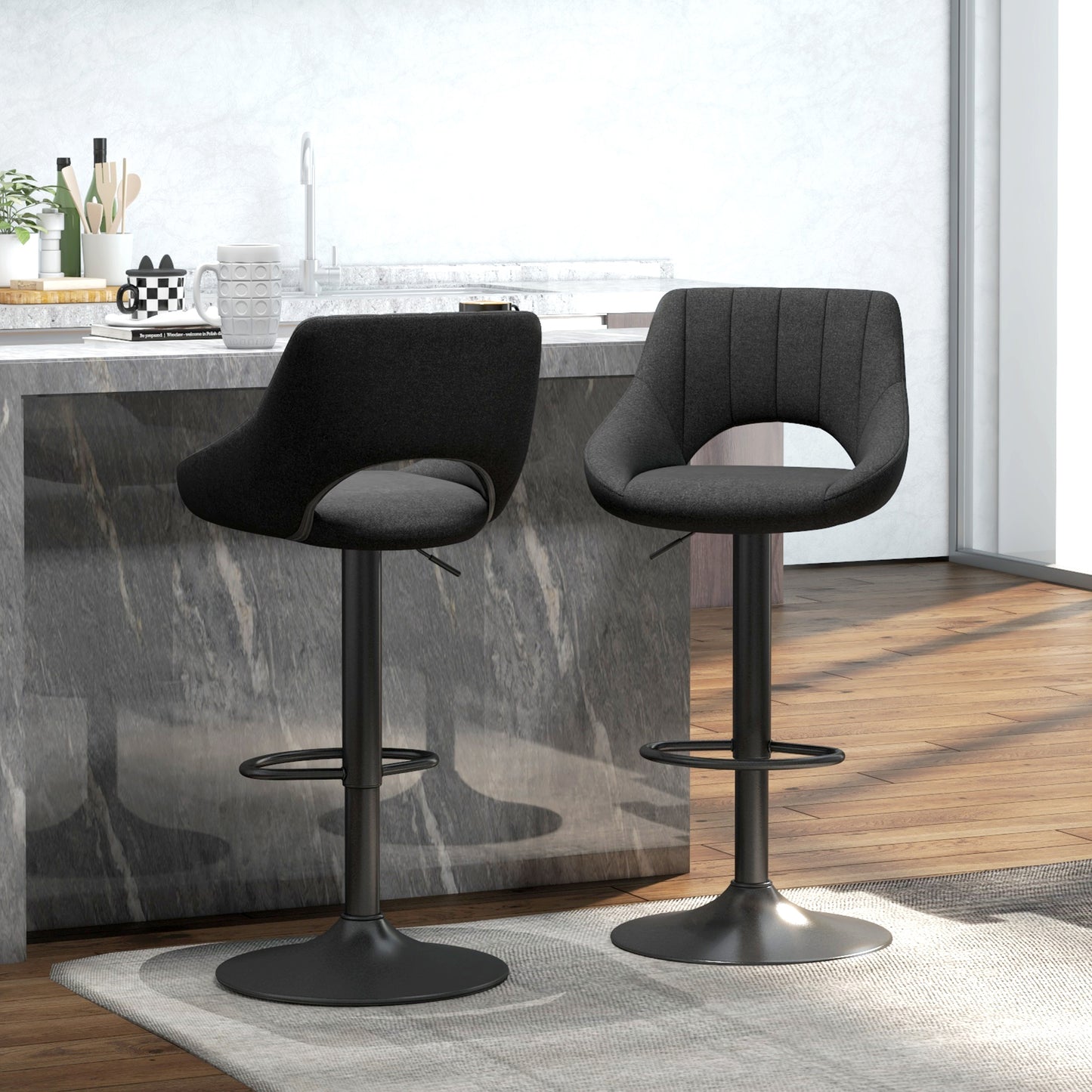 Swivel Bar Stools SET OF 2, Linen Upholstered Counter Height with Round Metal Base
