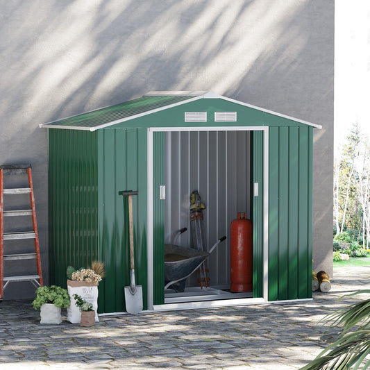 7' x 4.3' x 6.1' Garden Storage Shed Outdoor Patio Yard Metal Tool Storage House w/ Floor Foundation and Double Doors Green