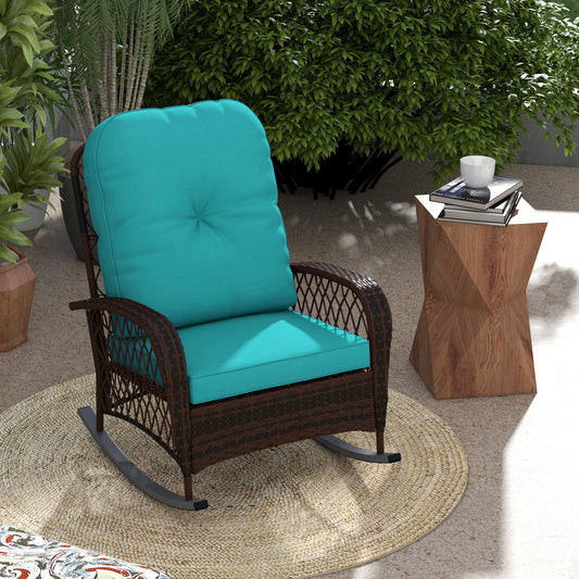 Outsunny Outdoor Wicker Rattan Rocking Chair Patio Rocker with Thick Cushions for Garden Backyard Porch, Turquoise