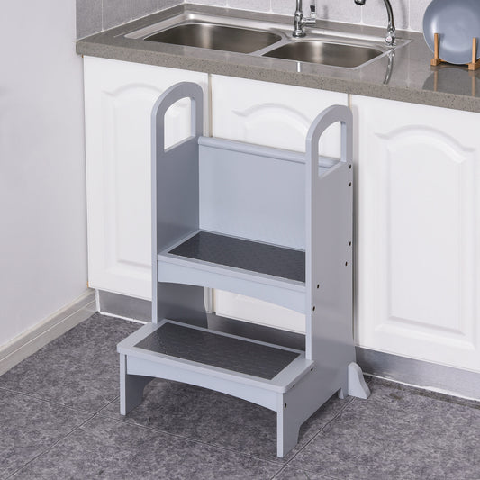 Qaba 2 Step Stool Kids Kitchen Helper with Support Handles and Non-Slip Pad for Kitchen, Living room and Bathroom, Grey