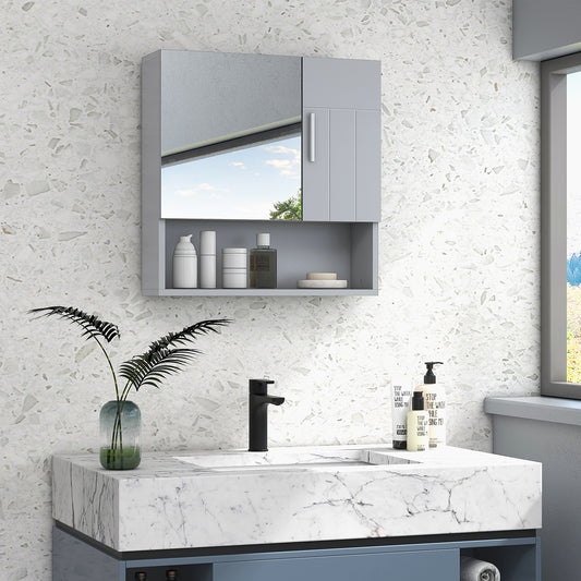 kleankin Bathroom Mirror Cabinet, Wall Mounted Medicine Cabinet with Double Doors and Adjustable Shelf, Grey