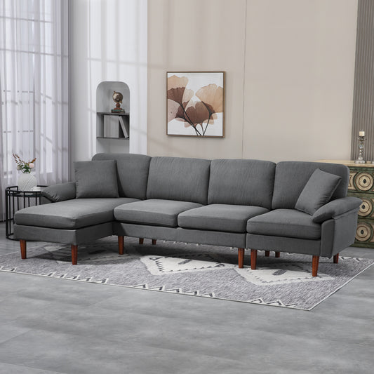 L-Shape Sofa, Modern Sectional Couch with Reversible Chaise Lounge, Pillows and Wooden Legs for Living Room, Dark Grey