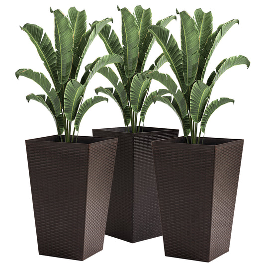Set of 3 Tall Planters, Outdoor & Indoor Flower Pot Set for Front Door, Entryway, Patio and Deck, Brown