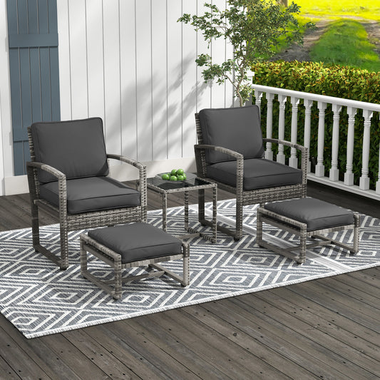 5 Pieces Patio Furniture Set with Armchair, Stool, Table, Cushions, Outdoor Wicker Conversation Sofa Set for Garden