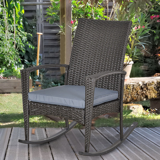 Outdoor PE Rattan Rocking Chair, Garden Glider Rocking Chair, Wicker Patio Chair Set with Armrest and Cushion, Grey