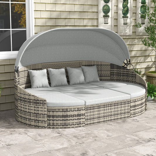 4 Pieces Patio PE Wicker Round Daybed, Outdoor Rattan Garden Lounge Furniture Sets, Light Grey