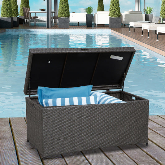 Outsunny Outdoor Storage Box Wicker Patio Deck Box Bin Rattan Foot Stool w/Steel Frame Large Capacity Rectangle Coffee Table w/Handle