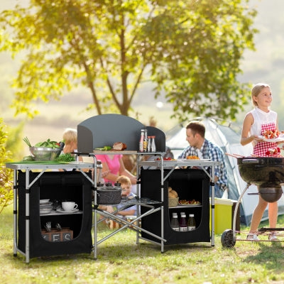 Aluminum Camping Table, Folding Camping Kitchen with Windshield, Cupboards and Carrying Bag, for BBQ Camp Party Picnic