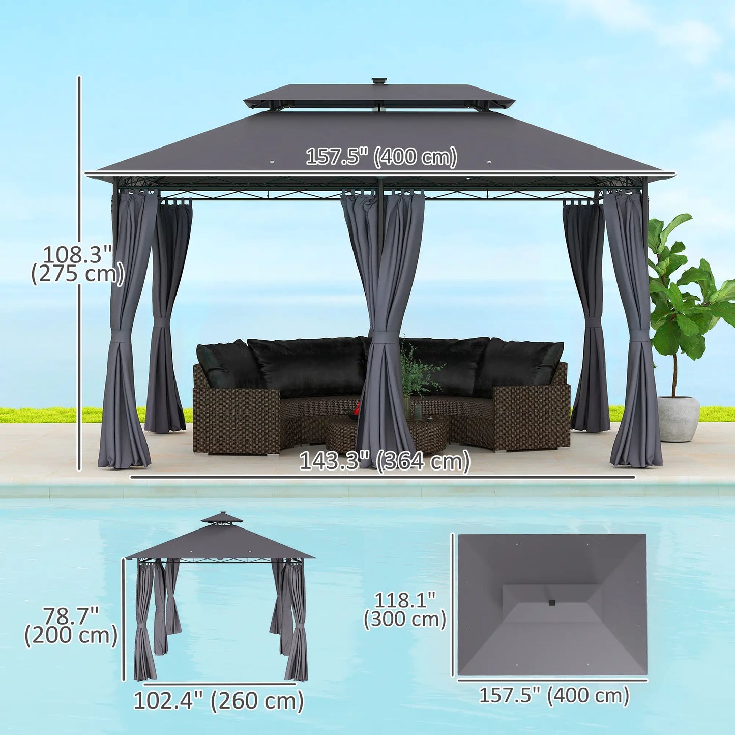 10' x 13' Outdoor Gazebo with Curtains and Solar-Powered LED Lights, Double Roof Patio Gazebo Canopy Shelter