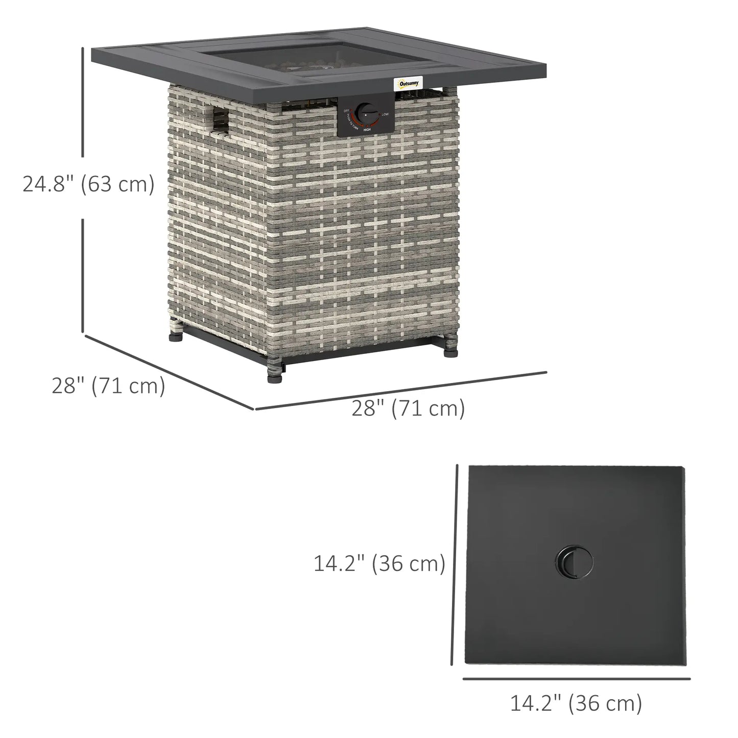 28 Inch Propane Fire Pit Table, 40,000 BTU Rattan Gas Fire Pit Table with Rain Cover, Mesh Lid, Lava Stone, Mixed Grey