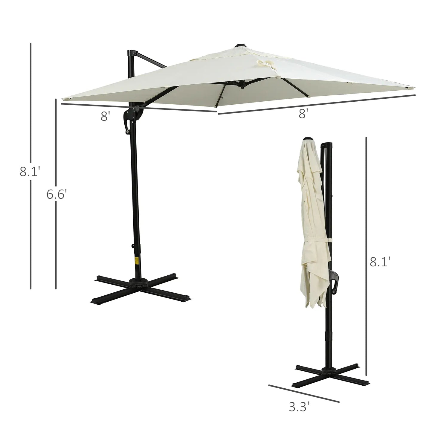 Outsunny 8'x8' Square Patio Hanging Offset Umbrella, Outdoor Cantilever Parasol w/ Cross Base, Cream White