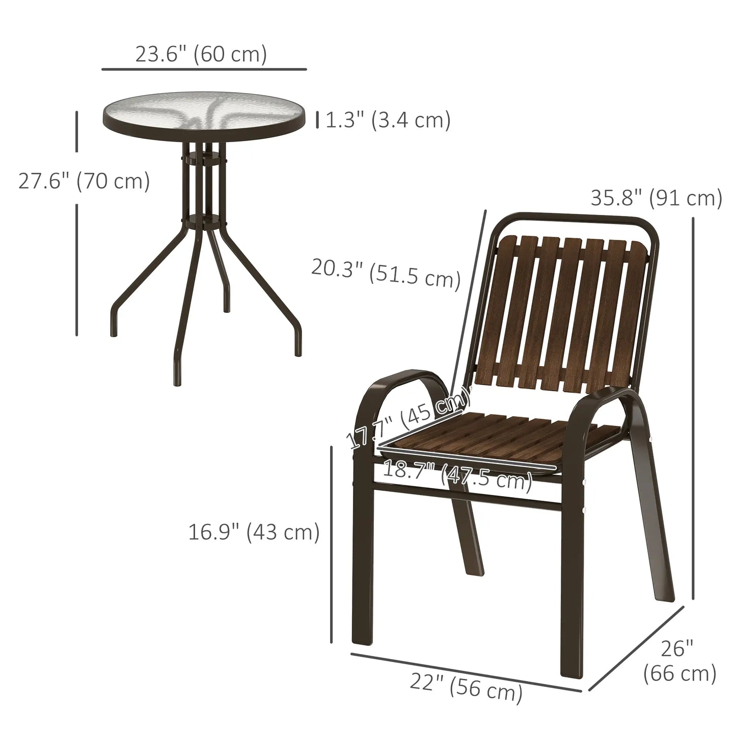 3 Pieces Patio Bistro Set, 2 Stackable Chairs with Tempered Glass Table, for Outdoor, Garden Backyard Porch, Dark Brown