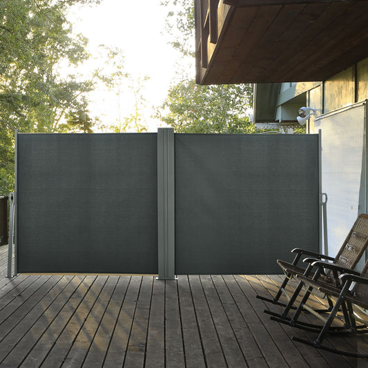 Double Retractable Side Awning, 236" x 63" Outdoor Privacy Wall, Patio Screen for Garden, Balcony, Backyard, Grey