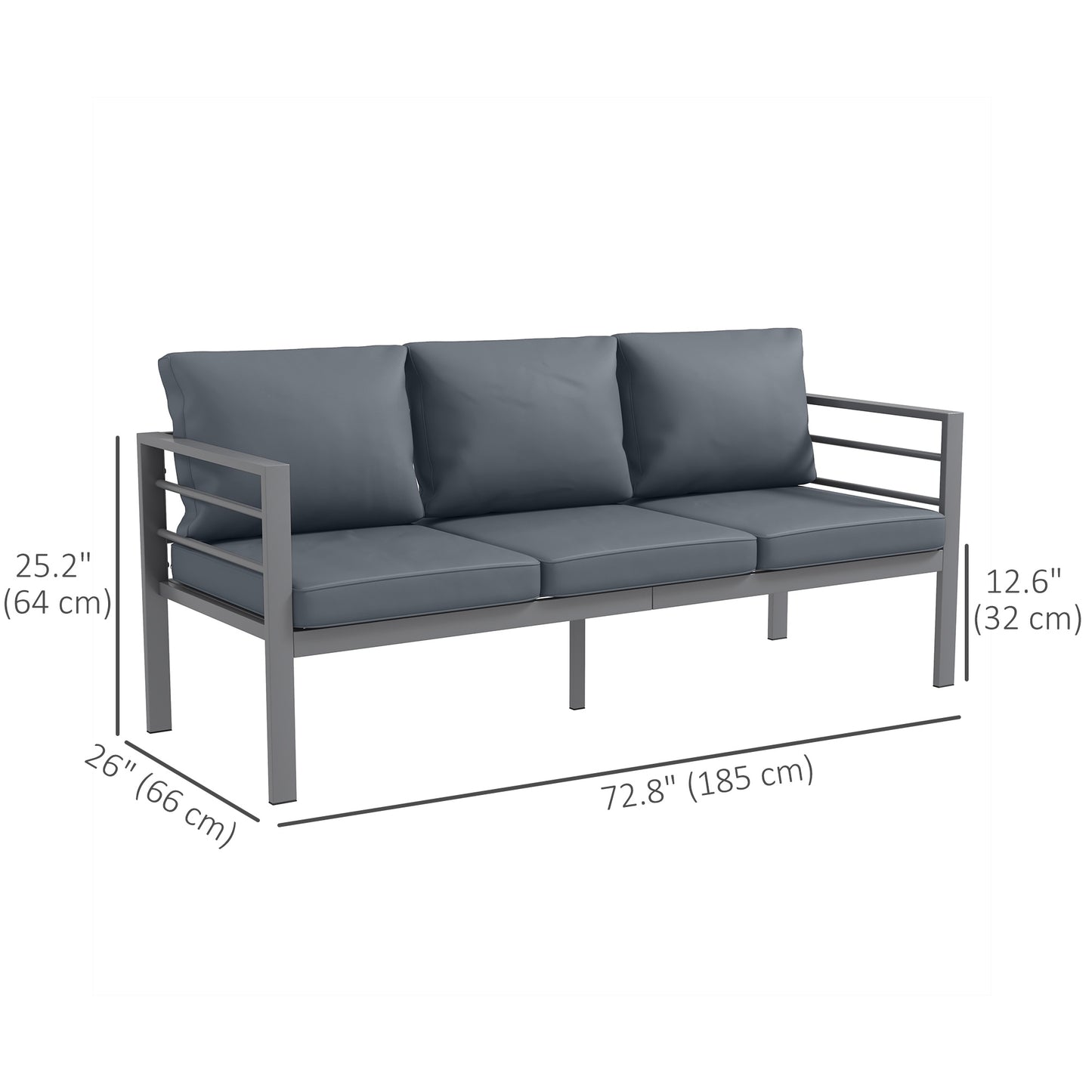 Outsunny Aluminum Garden Sofa, 3-Person Outdoor Couch, Backyard Furniture for 3-person with Cushions, 72.8" x 26" x 25.2", Grey