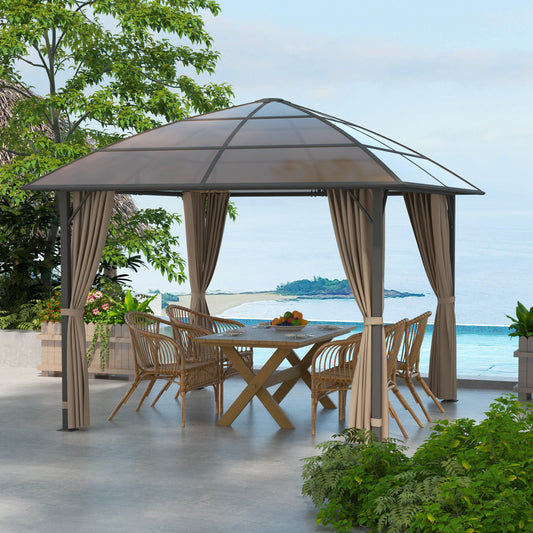 10' x 10' Outdoor Hardtop Gazebo Canopy with UV60+ Polycarbonate Roof, Steel Frame, Central Hook, Curtains, Khaki