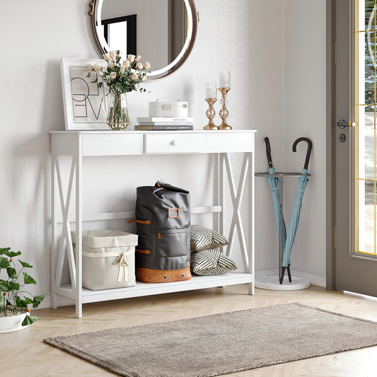 Console Table Or Narrow Entryway Table with Drawer Storage Shelf and X-frame, Slim Sofa Table for Living Room In White
