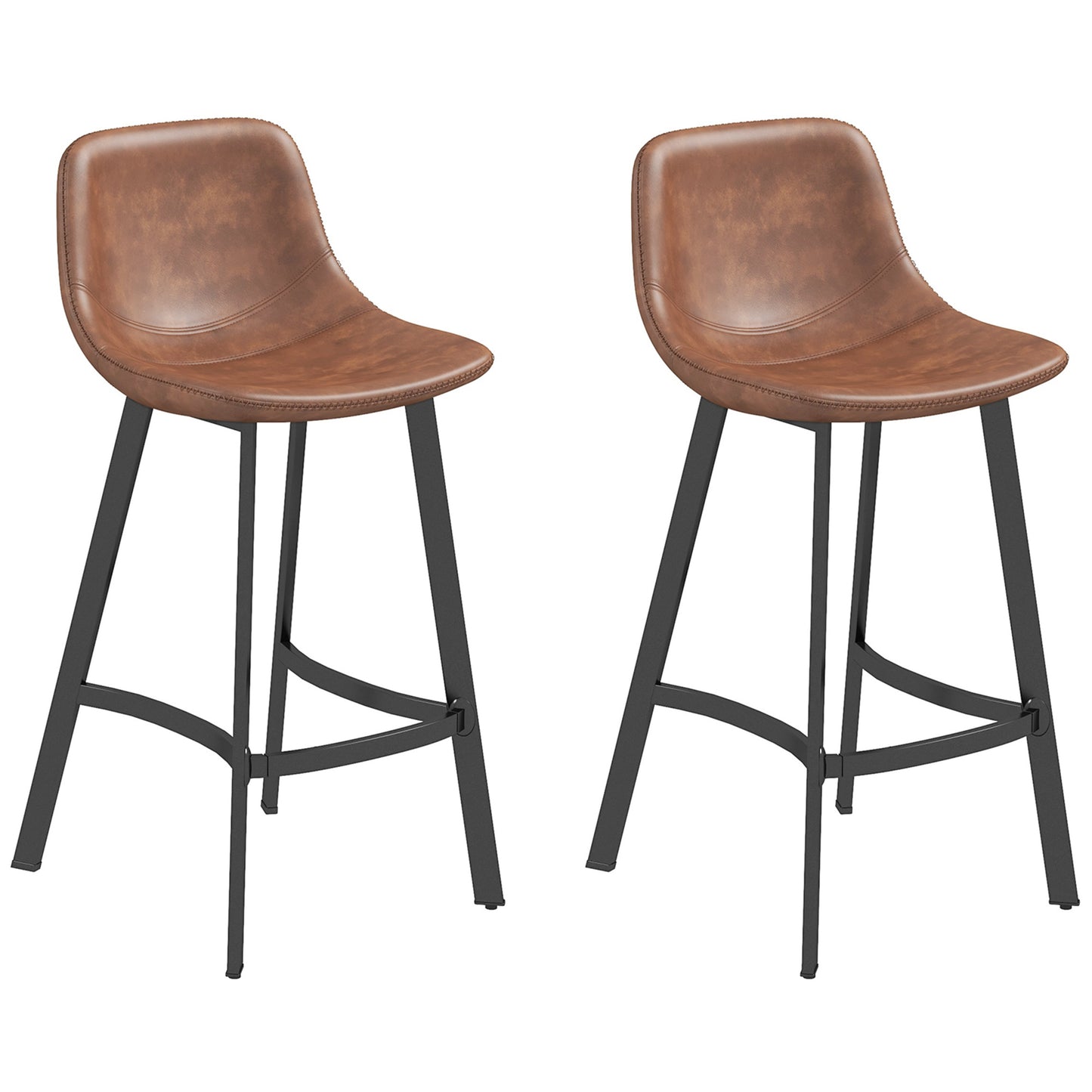 SET OF 2 Counter Height Stools , Upholstered with Back and Steel Legs in Saddle Brown