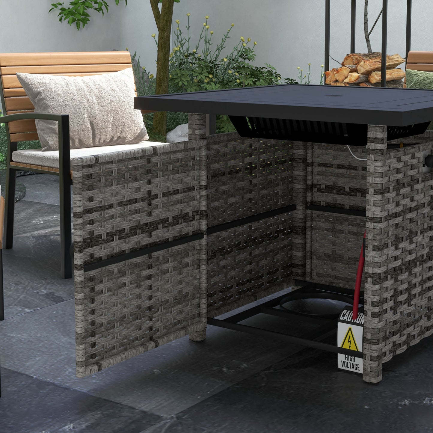 Outdoor PE Rattan Propane Fire Pit Table, 50,000 BTU Pulse-Ignition Wicker Fire Table with Glass Wind Guard, Mixed Grey