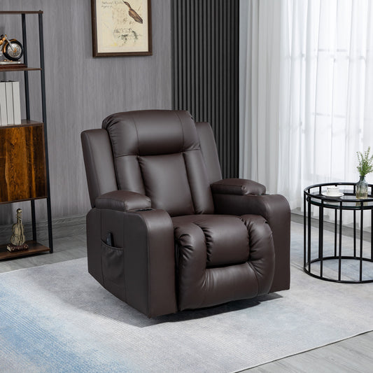 Massage Recliner Chair for Living Room with 8 Vibration Points, PU Leather Reclining Chair with Cup Holders, Swivel Base, Rocking Function, Brown