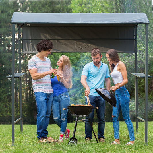 Outsunny 7x4.5ft Outdoor BBQ Gazebo Tent Metal Frame Garden Grill Canopy Sunshade Backyard Portable Shelter with Side Awning 2 Shelves and 5 Hooks Grey
