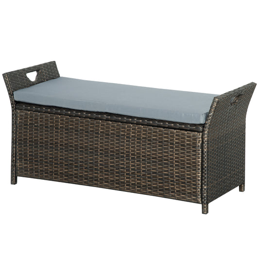 Outsunny 2-In-1 Outdoor PE Rattan Storage Bench, 27 Gallon Patio Wicker Furniture, Basket Box with Handles and Cushion Dark Grey